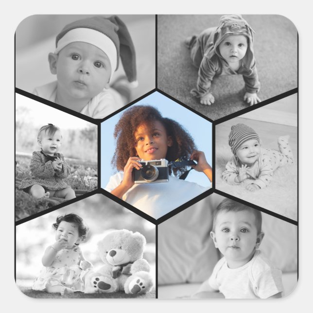 Pegatina Cuadrada Collage de fotos de hexágono blanco y negro (Anverso)