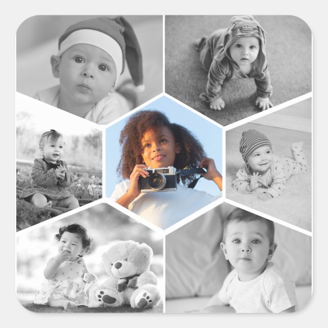 Pegatina Cuadrada Collage de fotos de hexágono blanco y negro (Anverso)