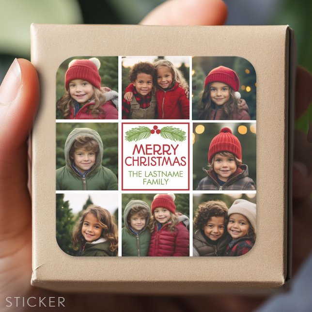Pegatina Cuadrada Collage de fotos de navidades con pino rústico (Custom Sticker - Personalize with your info for a party favor or gift)
