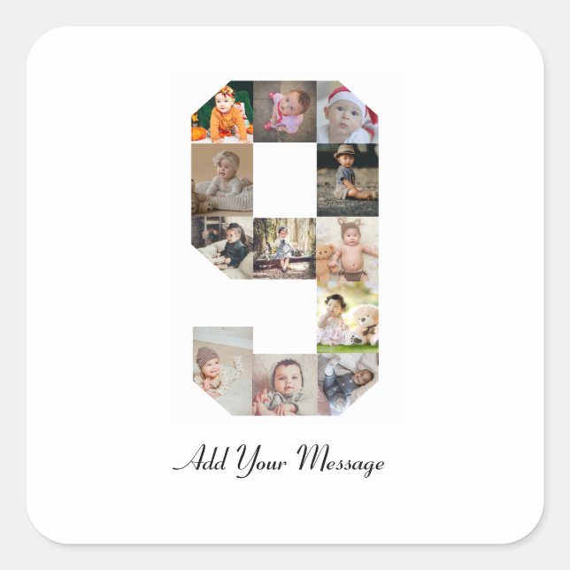 Pegatina Cuadrada Collage de fotos del número 9 en blanco y negro (Anverso)