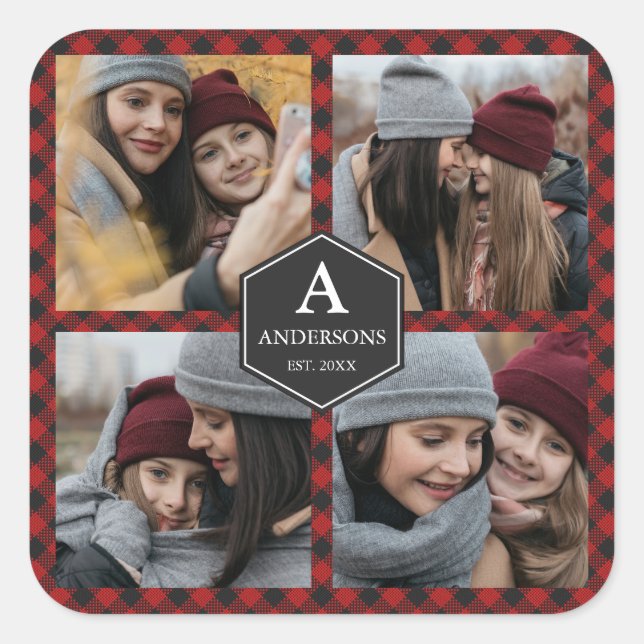 Pegatina Cuadrada Collage de fotos familiar Red Buffalo Plaid Lumber (Anverso)