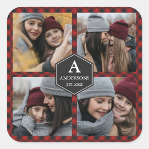 Pegatina Cuadrada Collage de fotos familiar Red Buffalo Plaid Lumber