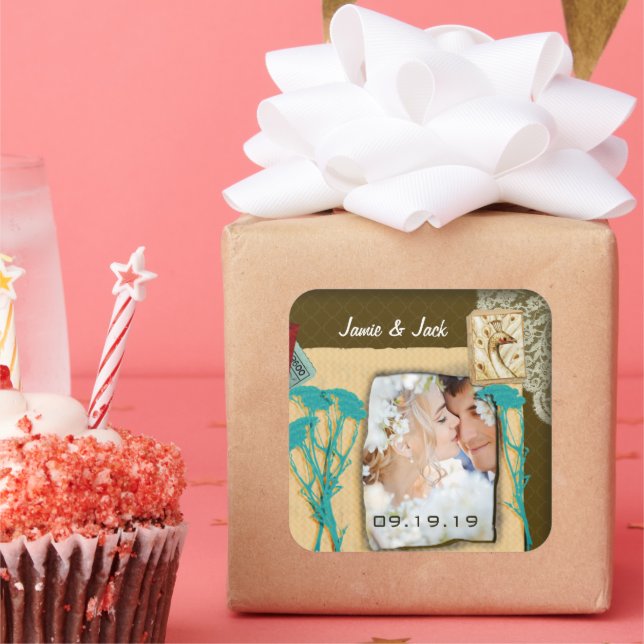 Pegatina Cuadrada Collage de fotos Vintage personalizado (Fiesta)