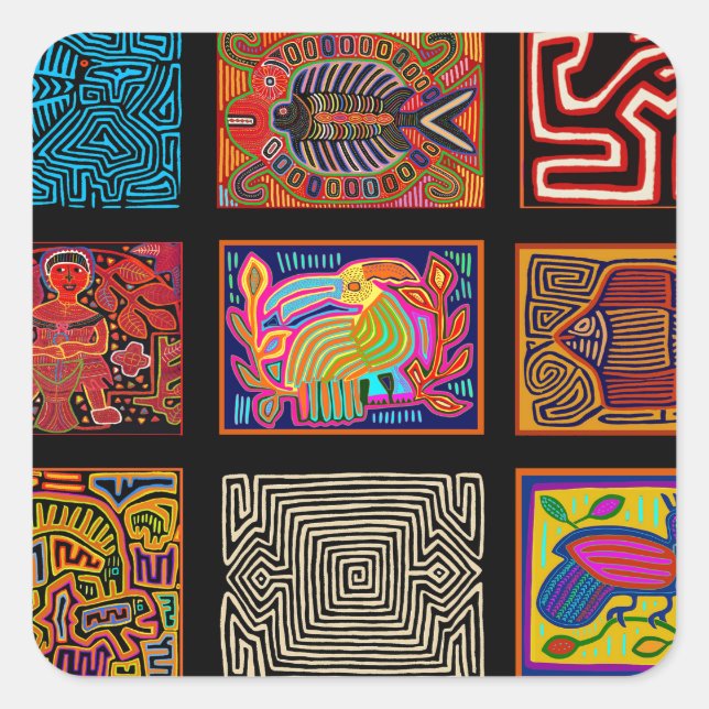 Pegatina Cuadrada Collage de Mola India Kuna (Anverso)