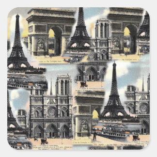 Pegatina Cuadrada Collage de viajes francés vintage Paris Torre Eiff