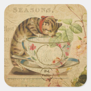 Pegatina Cuadrada Collage floral lindo de la taza de té del gato de