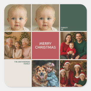 Pegatina Cuadrada Collage moderno beige Sage ROJO feliz Navidad