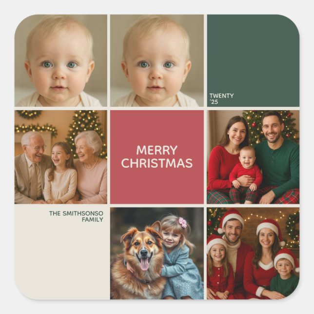 Pegatina Cuadrada Collage moderno beige Sage ROJO feliz Navidad (Anverso)