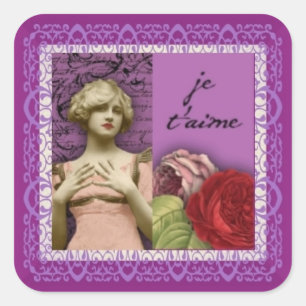 Pegatina Cuadrada Collage romántico púrpura del vintage del chica de