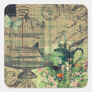Pegatina Cuadrada Collage vintage con Jardín de Aves y Aves