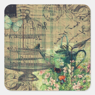 Pegatina Cuadrada Collage vintage con Jardín de Aves y Aves