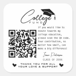 Pegatina Cuadrada College Fund Qr Code Black White Graduation Modern
