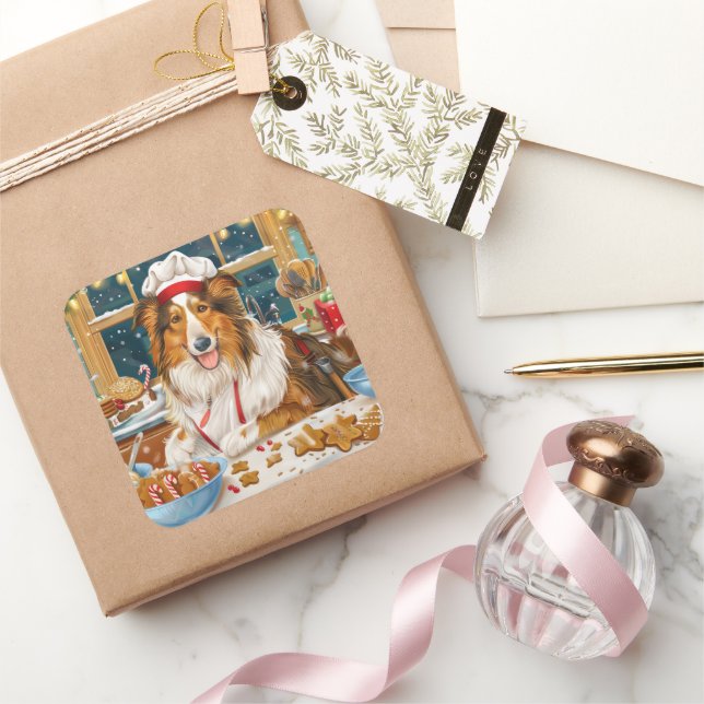 Pegatina Cuadrada Collie Holiday Baking: Navidades festivos (Regalar)