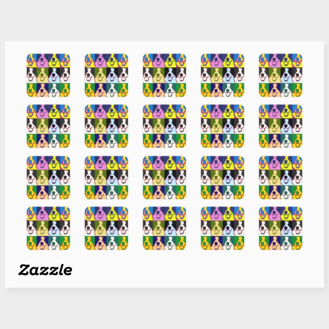Pegatina Cuadrada Collie Retro Border Collie Pop Art (Hoja)