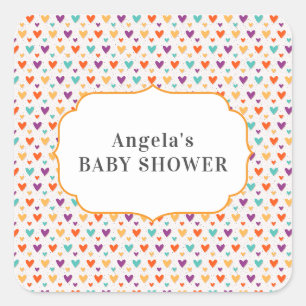 Pegatina Cuadrada Coloful Pastel Hearts Personalizado Baby Shower