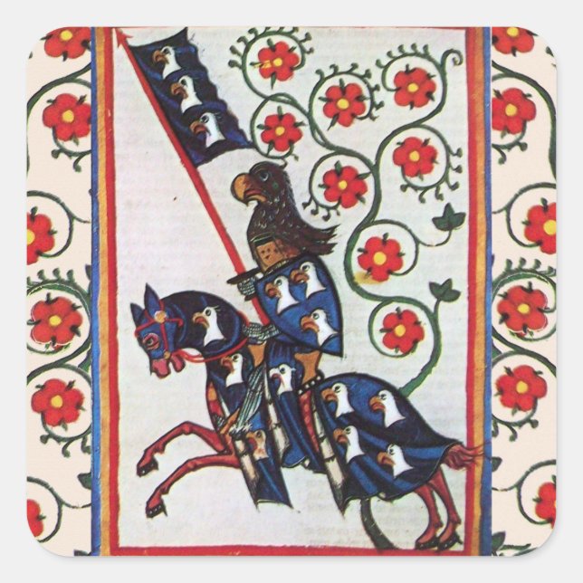 PEGATINA CUADRADA COLOR AZUL CON ROSAS ROJAS MINIATURA MEDIEVAL (Anverso)