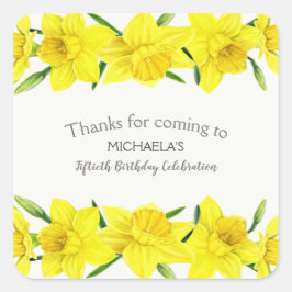 Pegatina Cuadrada Color de agua amarillo Daffodil Fiesta de cumpleañ