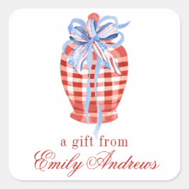 Pegatina Cuadrada Color de agua rojo y blanco Gingham Bow Ginger Jar