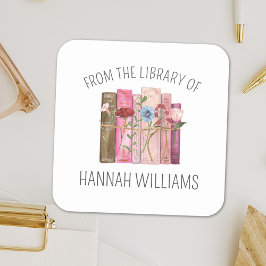 Pegatina Cuadrada Color rosa de la flor del libro de la biblioteca d