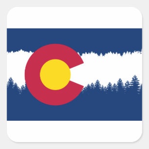Pegatina Cuadrada Colorado Flag Treeline Silhouette