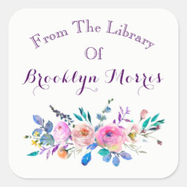 Pegatina Cuadrada Colorante De Agua Color Rosa Y Floral Verde azulad