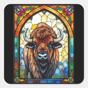 Pegatina Cuadrada Colores Audaces Bisonte Búfalo Cottagecore Estampa
