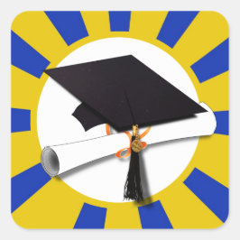 Pegatina Cuadrada Colores de la escuela Grad Cap Azul y Oro
