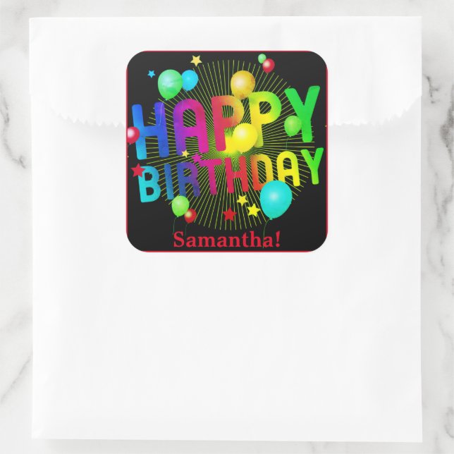 Pegatina Cuadrada Colorful Festive Happy Birthday Customizable  (Bolso)