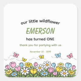 Pegatina Cuadrada Colorful Funny Little Wildflower 1st Birthday 