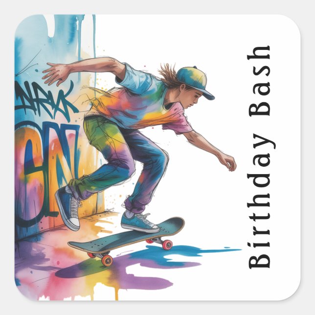 Pegatina Cuadrada Colorful Graffiti Boy Birthday Bash (Anverso)