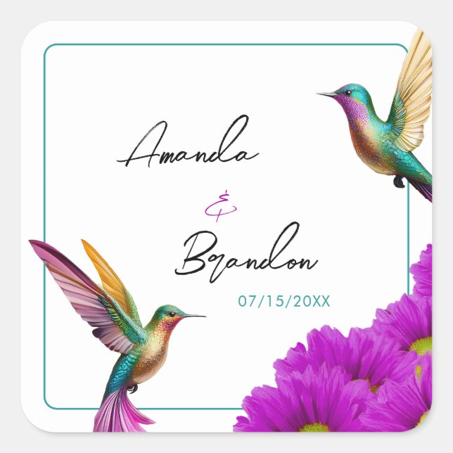 Pegatina Cuadrada Colorful Hummingbirds Purple Daisies Wedding (Anverso)