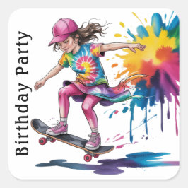 Pegatina Cuadrada Colorful Painted Girl Skateboarder Birthday Party