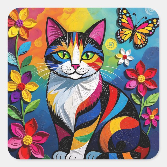 Pegatina Cuadrada Colorful Paper Cat, Flowers and Butterflies (Anverso)
