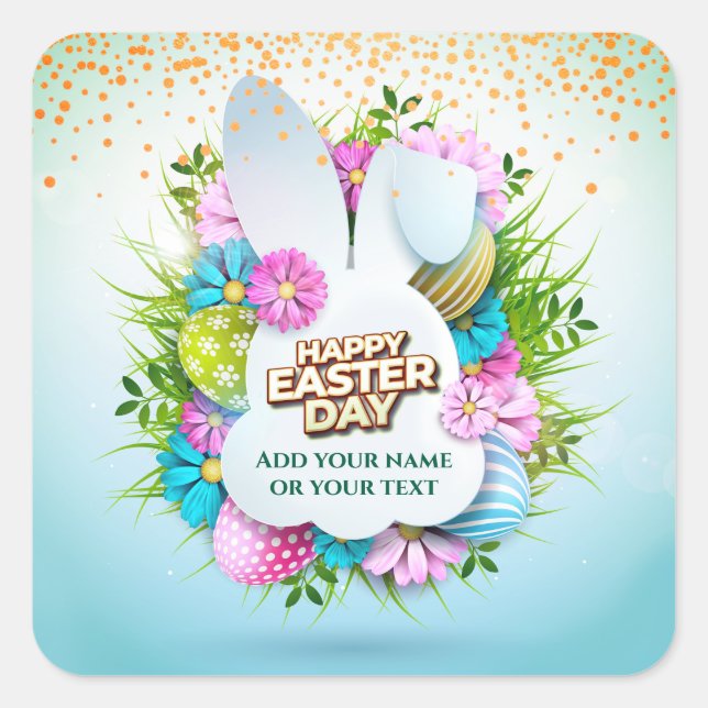 Pegatina Cuadrada Colorful Spring Bunny Easter Eggs & Flowers (Anverso)