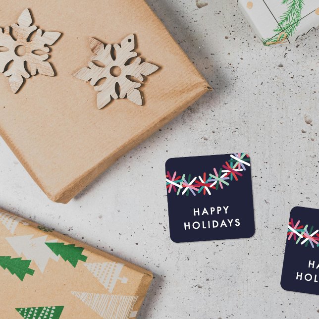 Pegatina Cuadrada Colorful Tinsel Garland Happy Holidays Sticker (Subido por el creador)