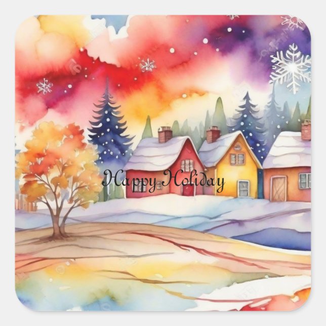 Pegatina Cuadrada Colorida acuarela de la aldea (Anverso)