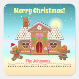 Pegatina Cuadrada Colorida Casa De Gingerbread Con Un Gato En El Tec