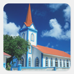 Pegatina Cuadrada Colorida iglesia en la isla de Tahaa en el