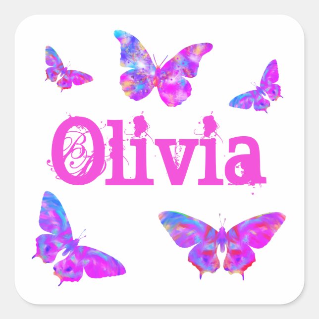 Pegatina Cuadrada Colorida mariposa arte rosa Añadir nombre Olivia (Anverso)