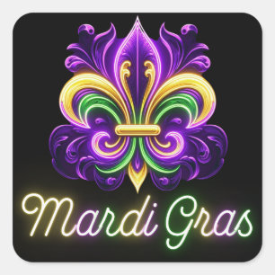 Pegatina Cuadrada Colorida Neon Mardi Gras Fleur de lis