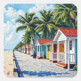 Pegatina Cuadrada Coloridas Cabañas Tropicales Vibrantes de Playa