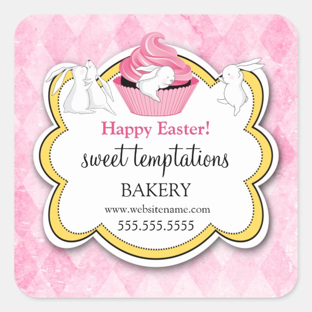 Pegatina Cuadrada Coloridas Cupakes Whimsical Bunnies (Anverso)