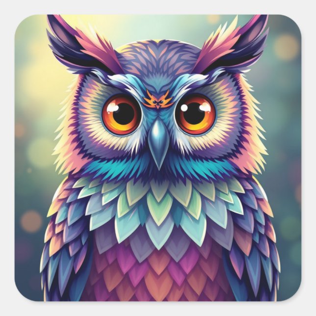 Pegatina Cuadrada Coloridas Pegatinas de la Lechuza Divertida (Anverso)