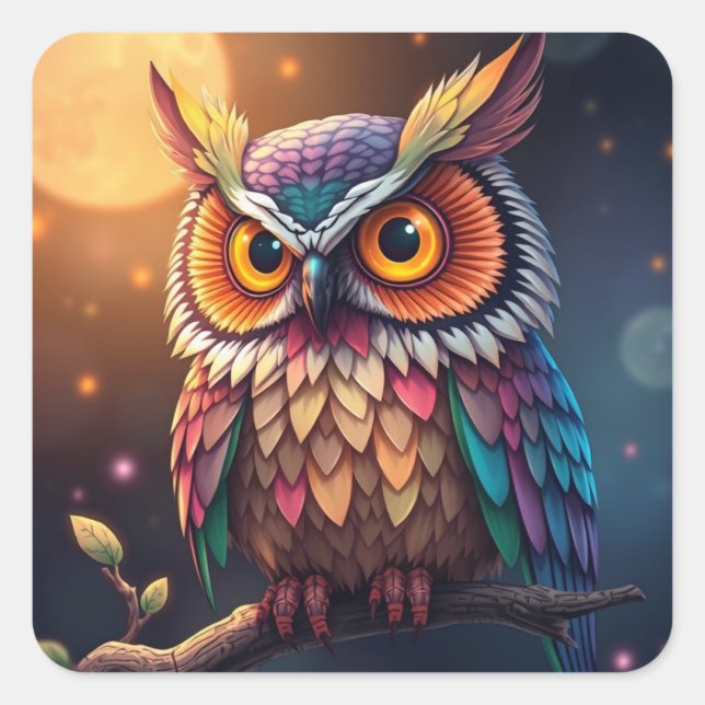 Pegatina Cuadrada Coloridas Pegatinas de la Lechuza Divertida (Anverso)