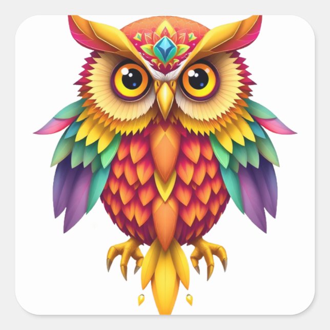 Pegatina Cuadrada Coloridas Pegatinas de la Lechuza Divertida (Anverso)