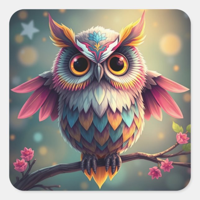 Pegatina Cuadrada Coloridas Pegatinas de la Lechuza Divertida (Anverso)