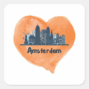 Pegatina Cuadrada Colorido Amsterdam City Skyline Watercolor Heart P