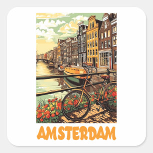 Pegatina Cuadrada Colorido Amsterdam Vintage Holanda Ciudad Canal 