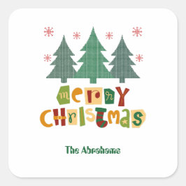 Pegatina Cuadrada Colorido árbol de Navidad familiar Feliz Navidad
