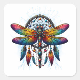 Pegatina Cuadrada Colorido atrapasueños de libélula psicodélico boho